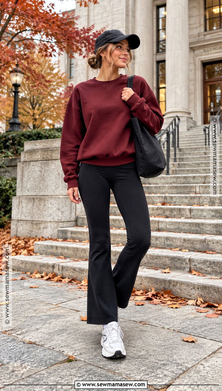 Crewneck Sweatshirt And Flared Leggings College Fall Outfit - 15 college fall outfits casual