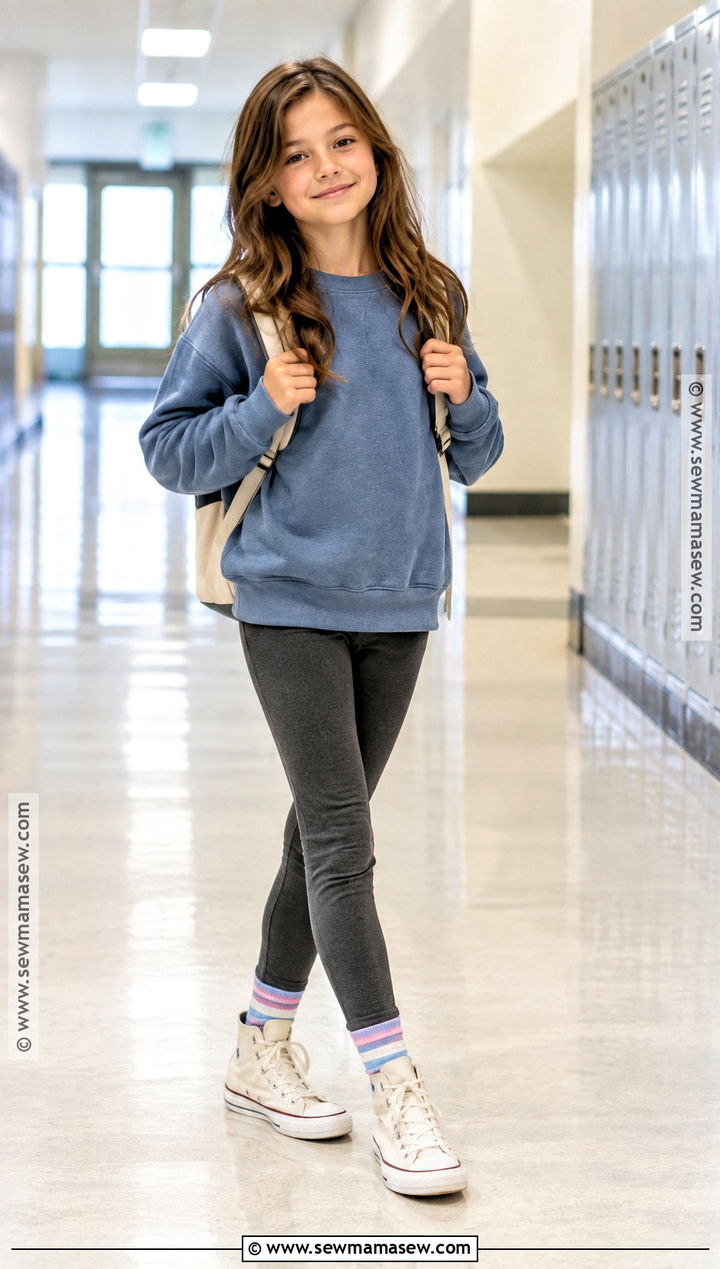 Crewneck Sweatshirt And Leggings Back To School Outfit - 15 Back To School Capsule Wardrobe Ideas for Kids