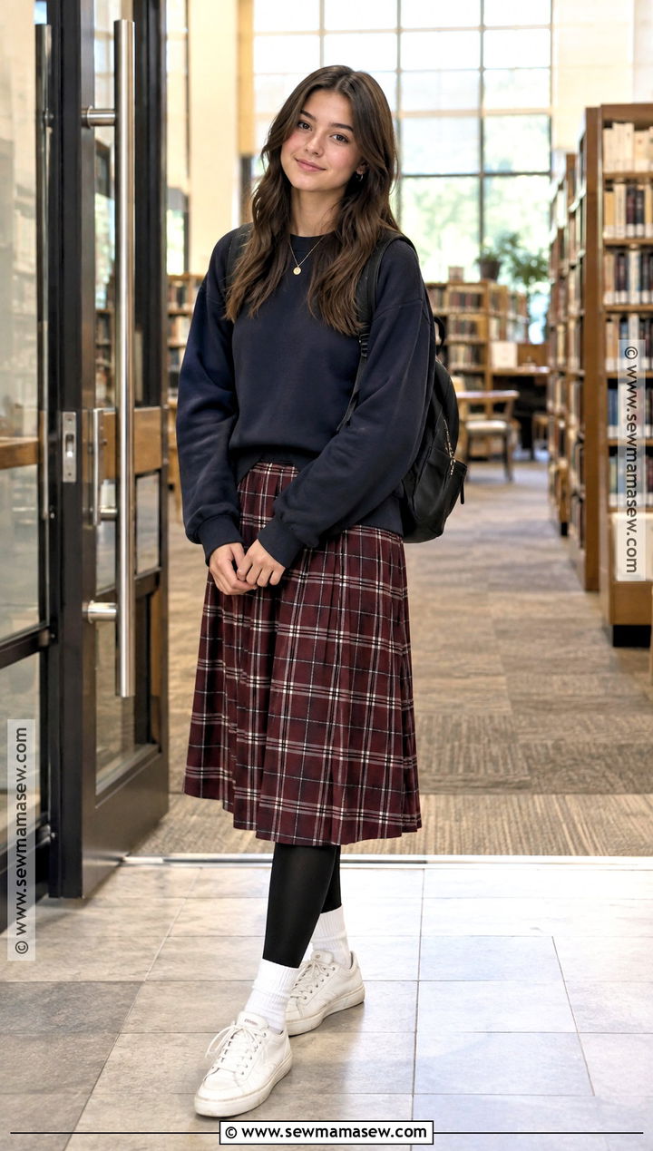 Crewneck Sweatshirt And Midi Skirt Fall School Outfit - 15 cute fall school fits