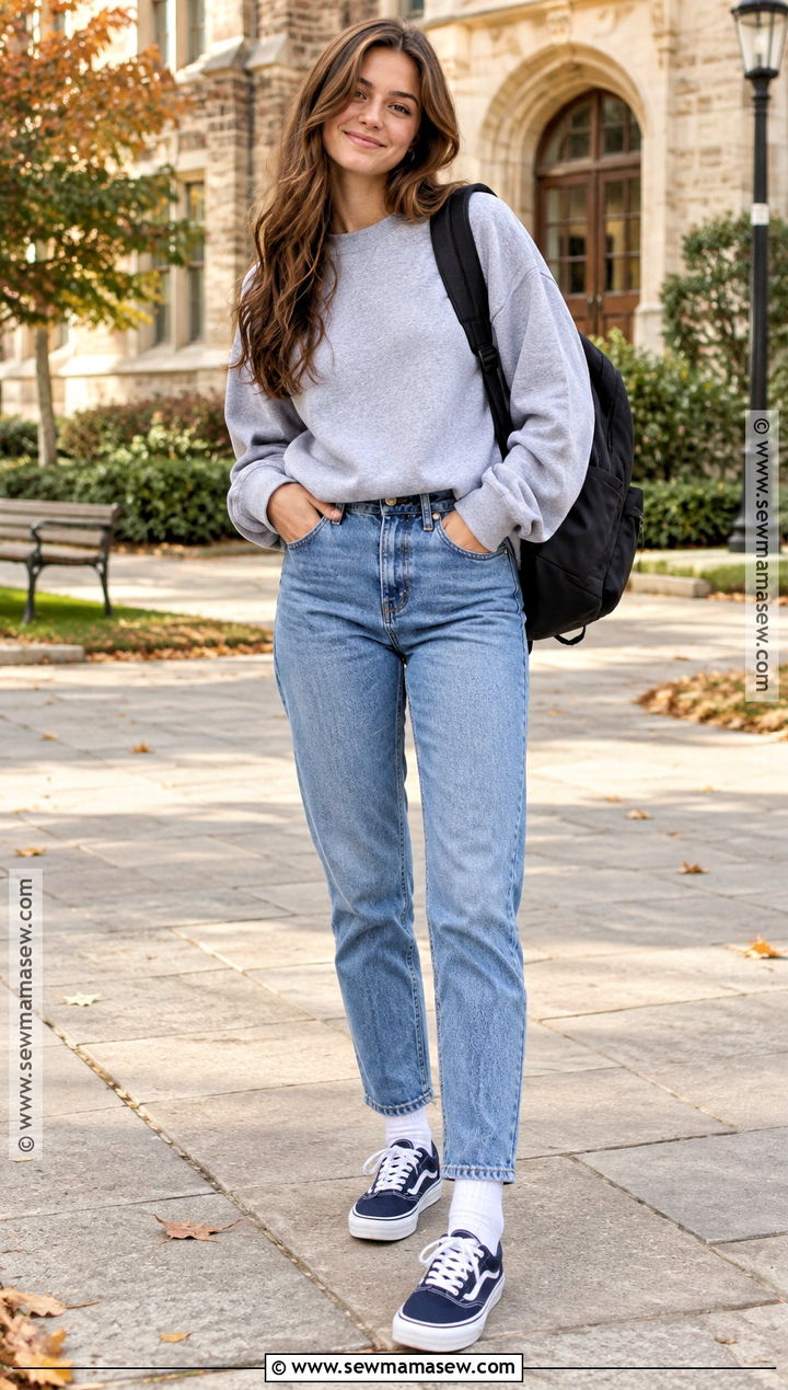 Crewneck Sweatshirt And Mom Jeans School Outfit - 25 fall outfit ideas for school