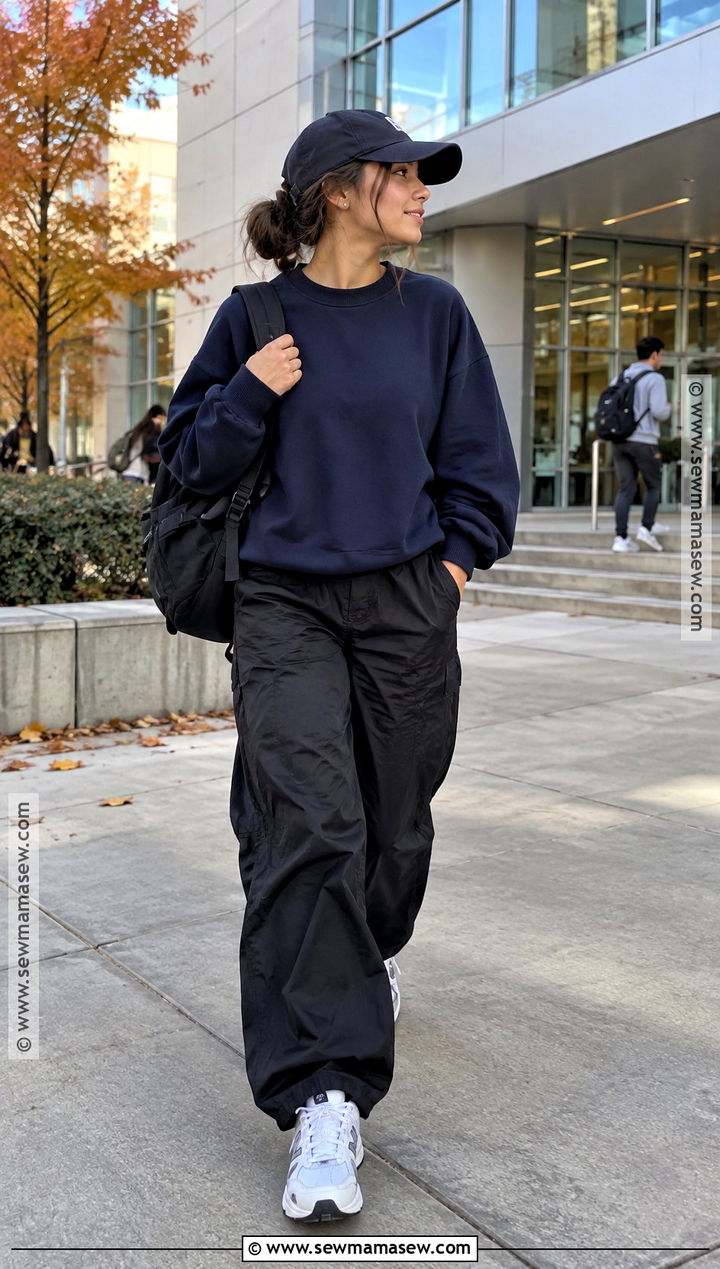 Crewneck Sweatshirt And Parachute Pants School Outfit - 20 School Outfit Inspo Fall Ideas