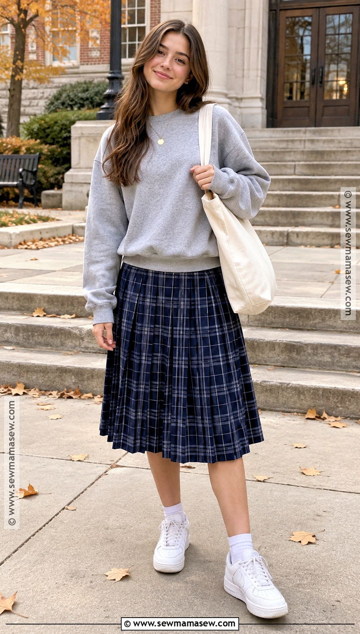 Crewneck Sweatshirt And Plaid Midi Skirt School Outfit - 15 School Outfits Fall Aesthetic