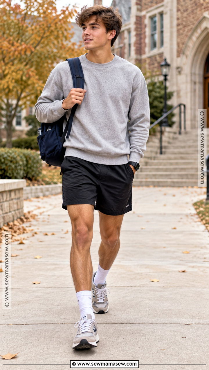 Crewneck Sweatshirt And Shorts Back To School Outfit - 25 back to school outfits for men