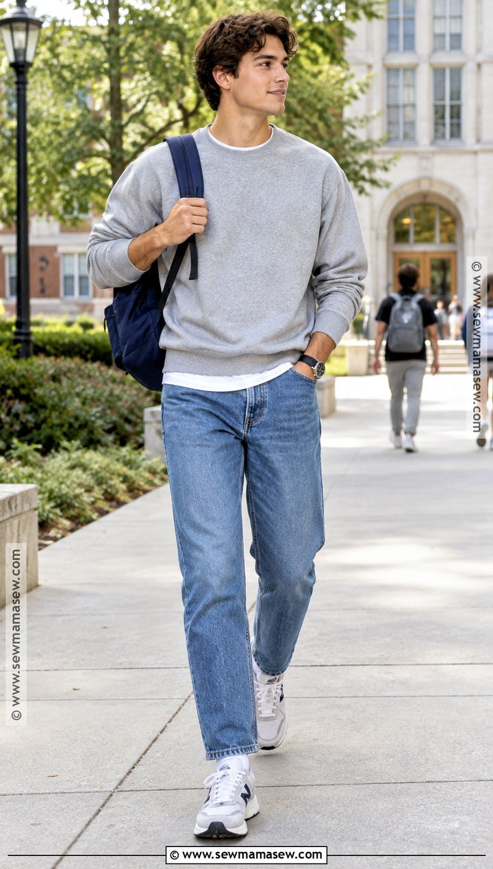 Crewneck Sweatshirt And Straight Leg Jeans Back To School Outfit - 15 mens back to school outfit ideas