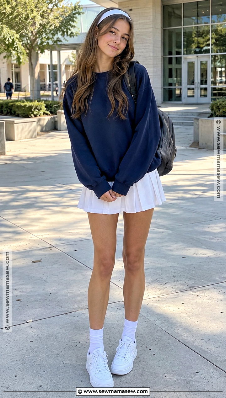 Crewneck Sweatshirt And Tennis Skirt School Outfit - 15 grade 8 back to school outfits