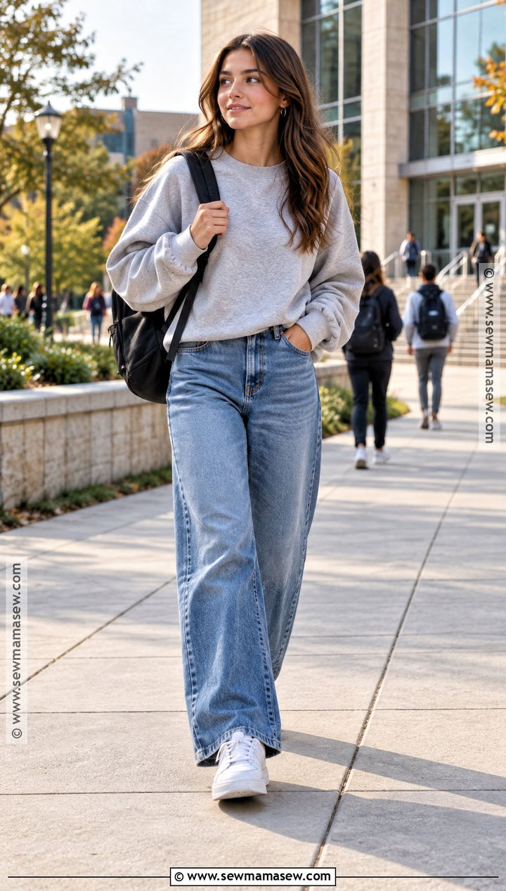 Crewneck Sweatshirt And Wide Leg Jeans Back To School Outfit - 15 cute basic back to school outfits