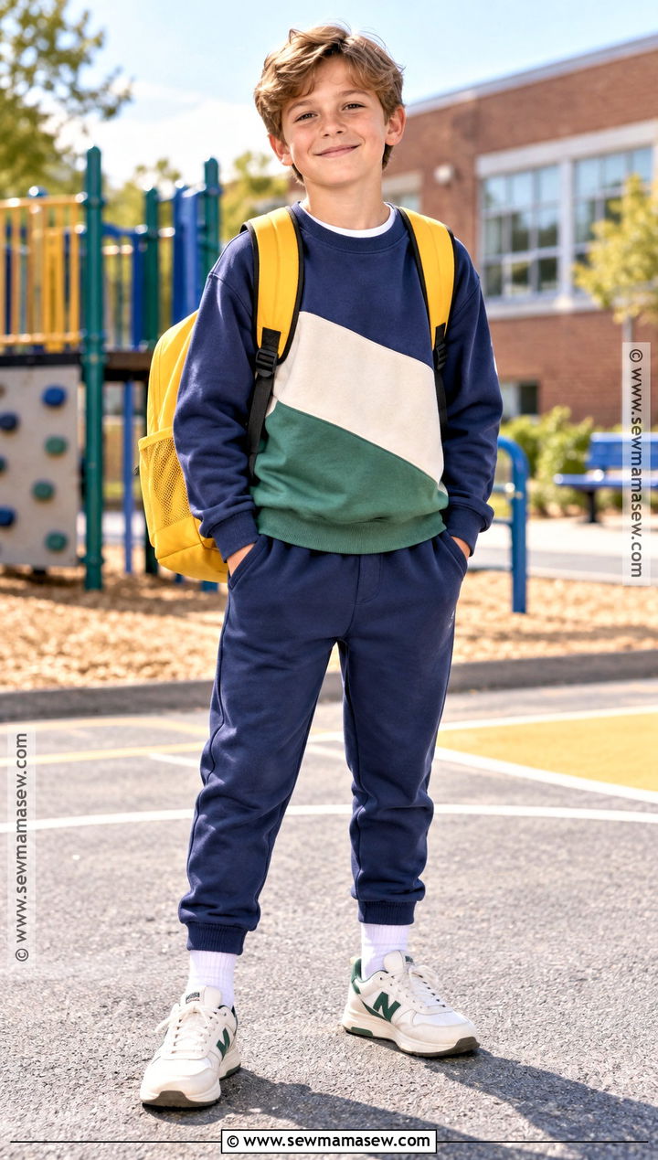 Crewneck Sweatshirt Joggers And Retro Sneakers Outfit - 20 back to school outfits for kids