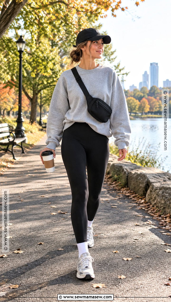 Crewneck Sweatshirt Leggings and Retro Sneakers for 70 Degree Fall Weather - 15 Fall 70 Degree Weather Outfit Ideas