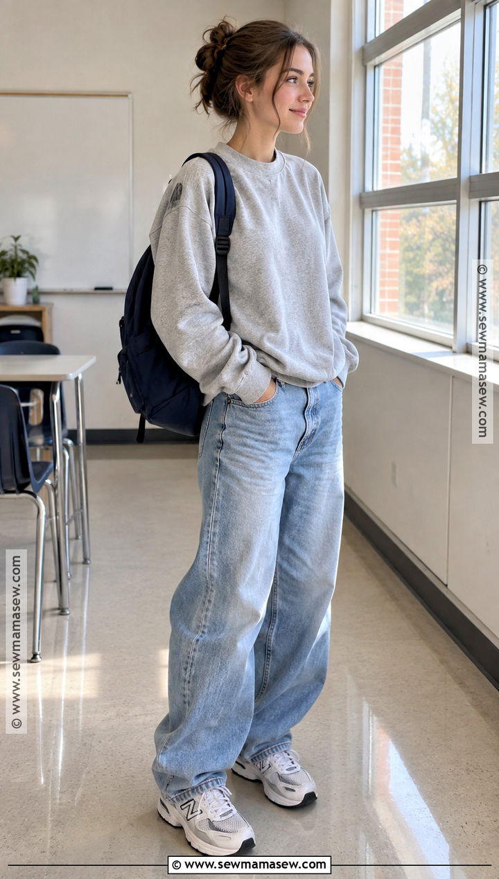 Crewneck Sweatshirt With Baggy Jeans - 15 fall high school outfits