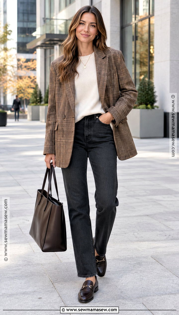 Crewneck Sweatshirt With Blazer And Dark Jeans - 20 fall crewneck sweatshirt ideas