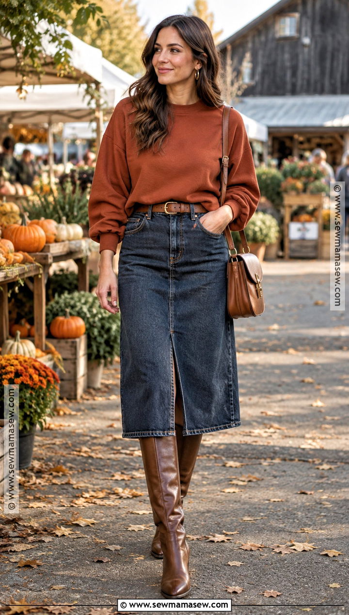Crewneck Sweatshirt With Denim Midi Skirt - 20 fall crewneck sweatshirt ideas