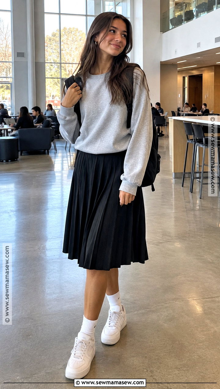 Crewneck Sweatshirt With Midi Skirt And Sneakers - 20 outfits for fall school