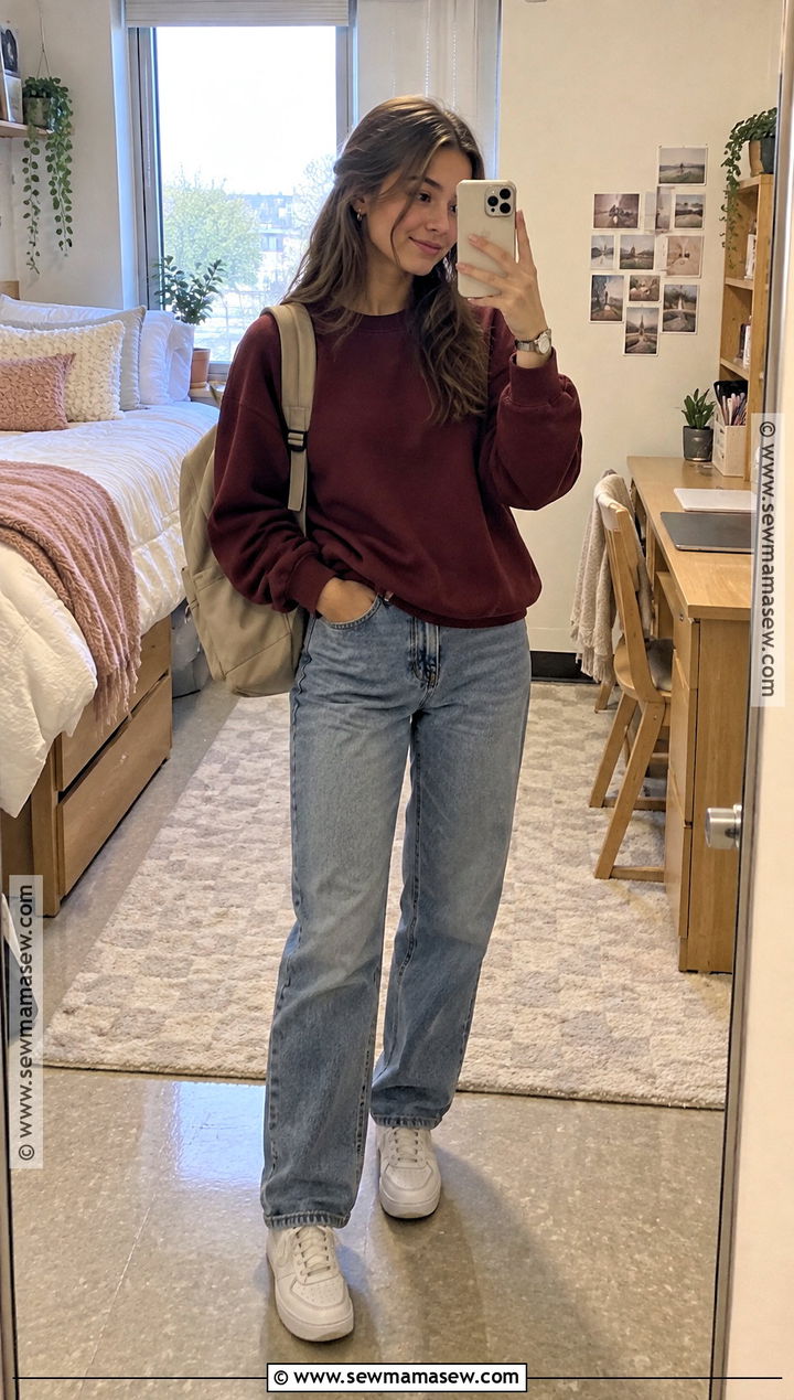 Crewneck Sweatshirt With Straight Jeans And Sneakers - 15 comfy fall college outfits