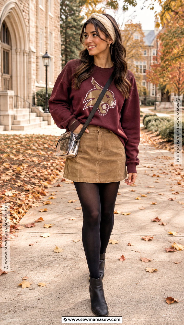 Crewneck Sweatshirt and Corduroy Skirt Game Day Outfit - 20 fall college football game outfit ideas