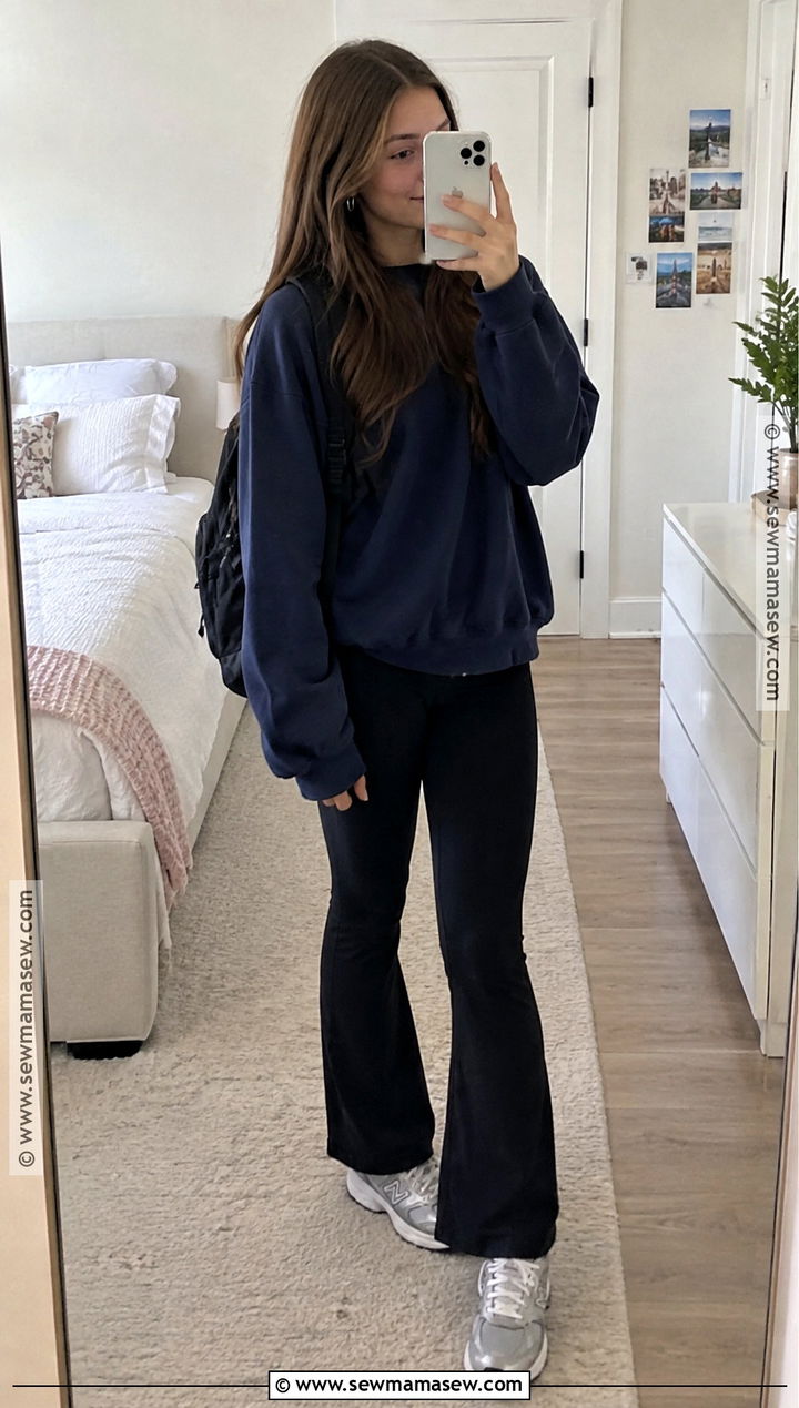 Crewneck Sweatshirt and Flared Leggings Fall School Outfit - 15 cute outfits for school for highschool fall