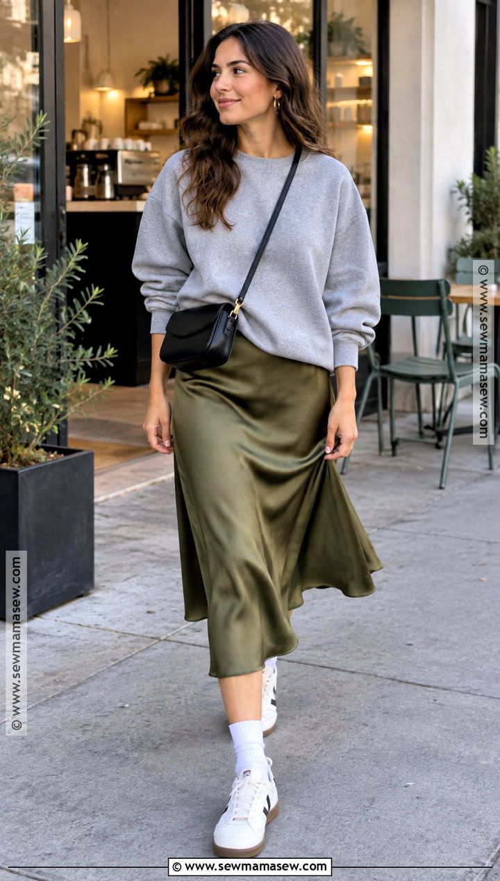 Crewneck Sweatshirt and Midi Skirt Fall Transition Outfit - 20 Comfy Fall Transition Outfits