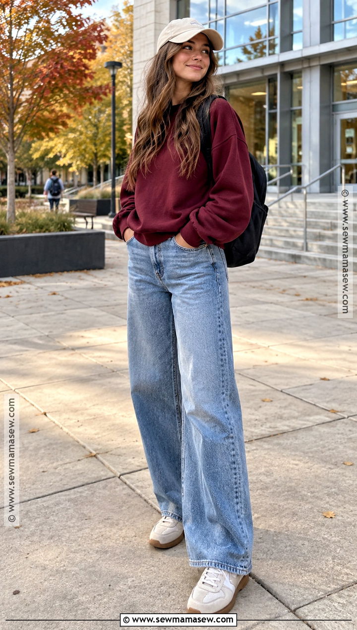 Crewneck Sweatshirt and Wide Leg Jeans College Outfit - 15 cute fall outfits for college