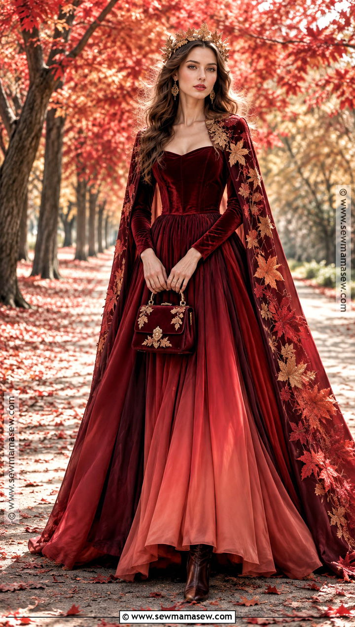 Crimson Maple Leaf Cape Gown - 15 Autumn Fantasy Gown Ideas