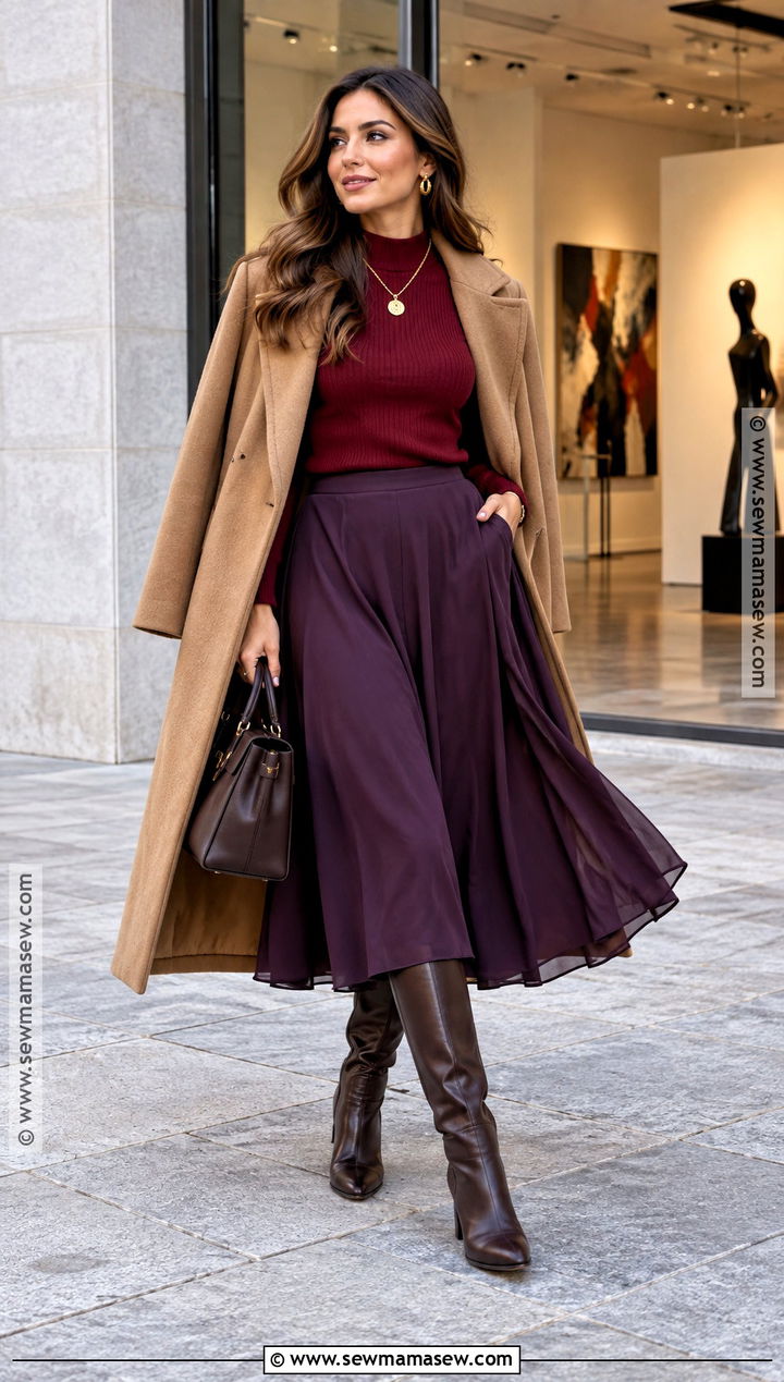 Crimson Sweater And Purple Skirt Autumn Outfit - 20 autumn color palette fashion outfit ideas