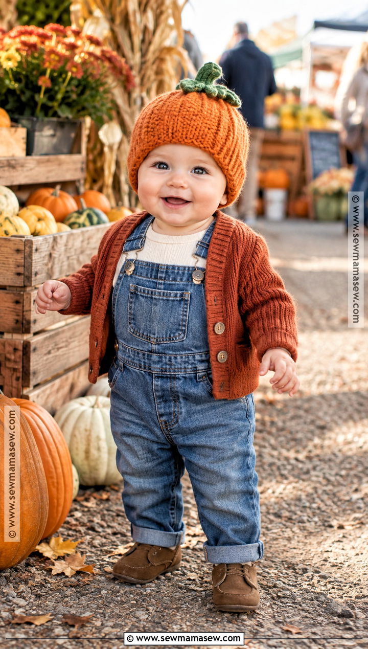 Crochet Baby Pumpkin Hat With Denim Overalls - 20 baby pumpkin hat ideas