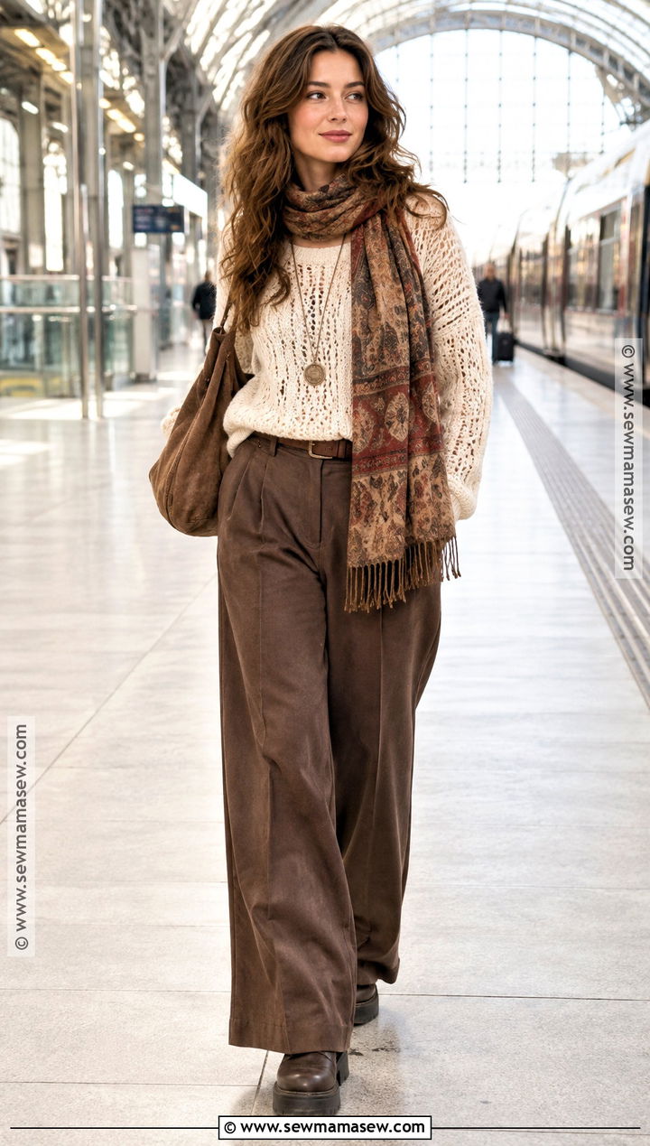 Crochet Boho Sweater With Wide Leg Pants And Platform Boots - 15 fall winter boho outfits