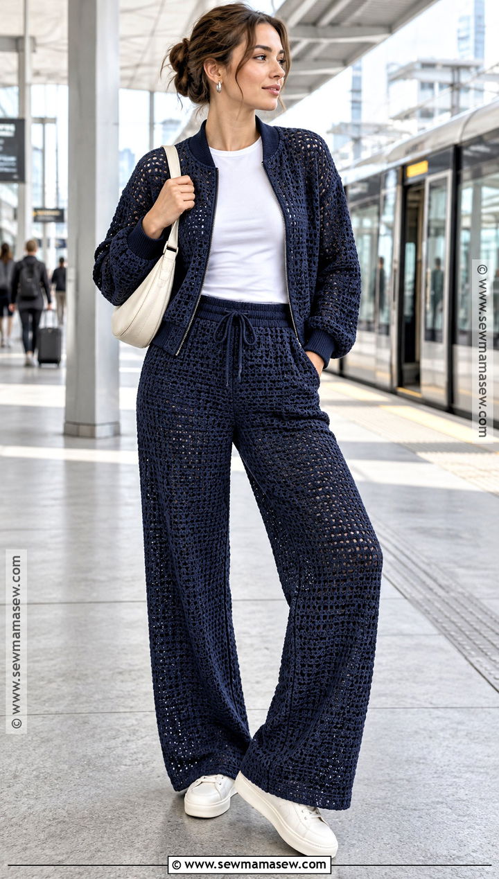 Crochet Bomber Jacket And Wide Leg Pants Set With Sneakers - 15 Autumn Crochet Clothing Set Ideas