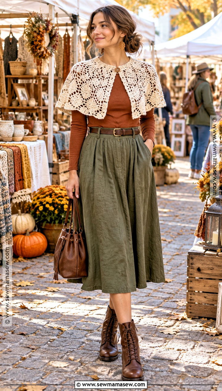 Crochet Capelet With Linen Skirt And Ankle Boots - 20 Fall Whimsical Outfit Ideas
