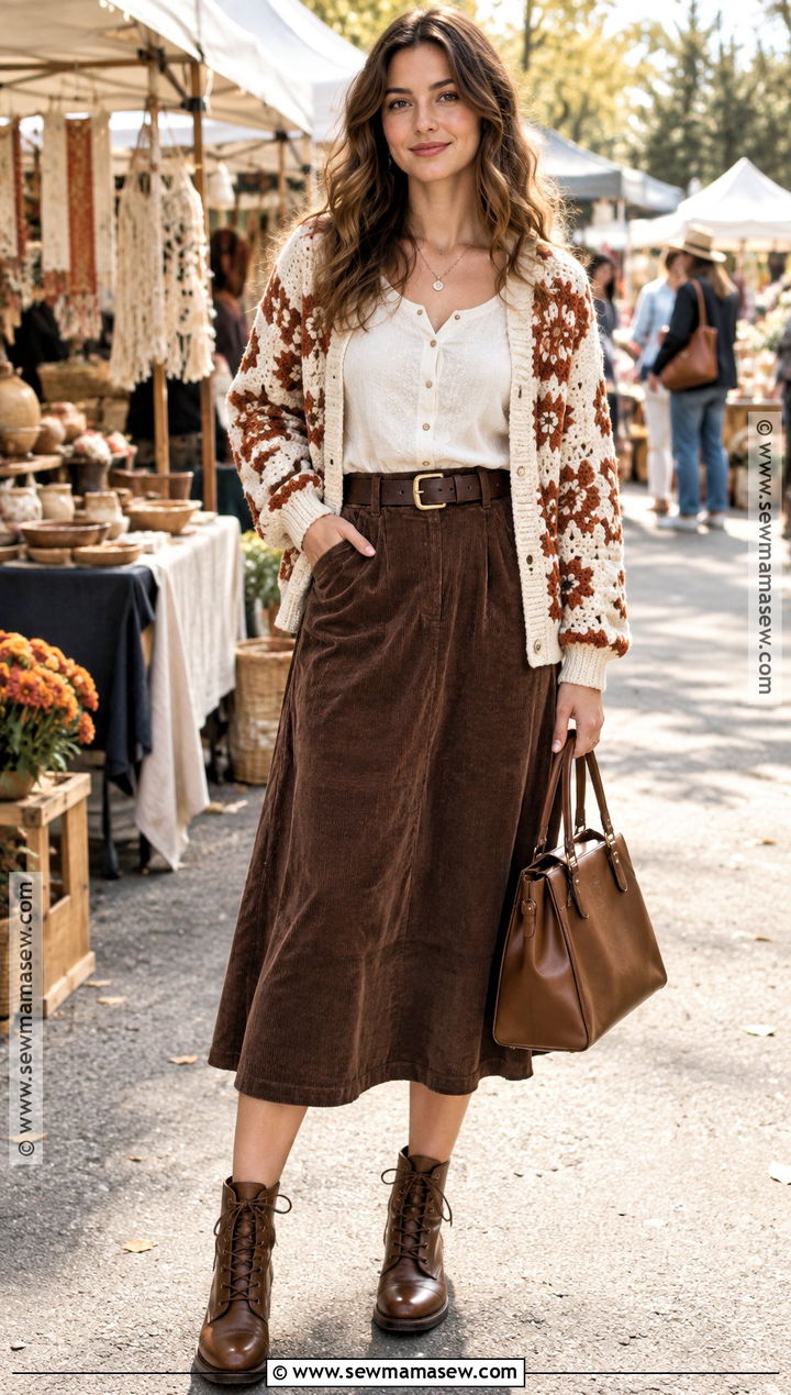 Crochet Cardigan And Corduroy Skirt Autumn Outfit - 25 autumn aesthetic outfit vintage ideas