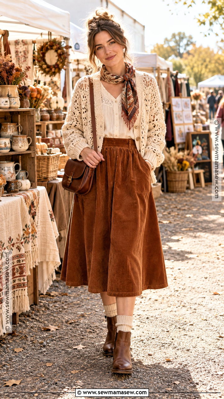 Crochet Cardigan And Corduroy Skirt Fall Cottage Outfit - 20 Fall Cottage Outfits