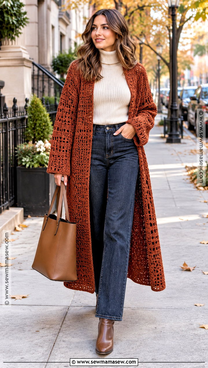 Crochet Coat With Turtleneck And Jeans - 20 autumn crochet clothes