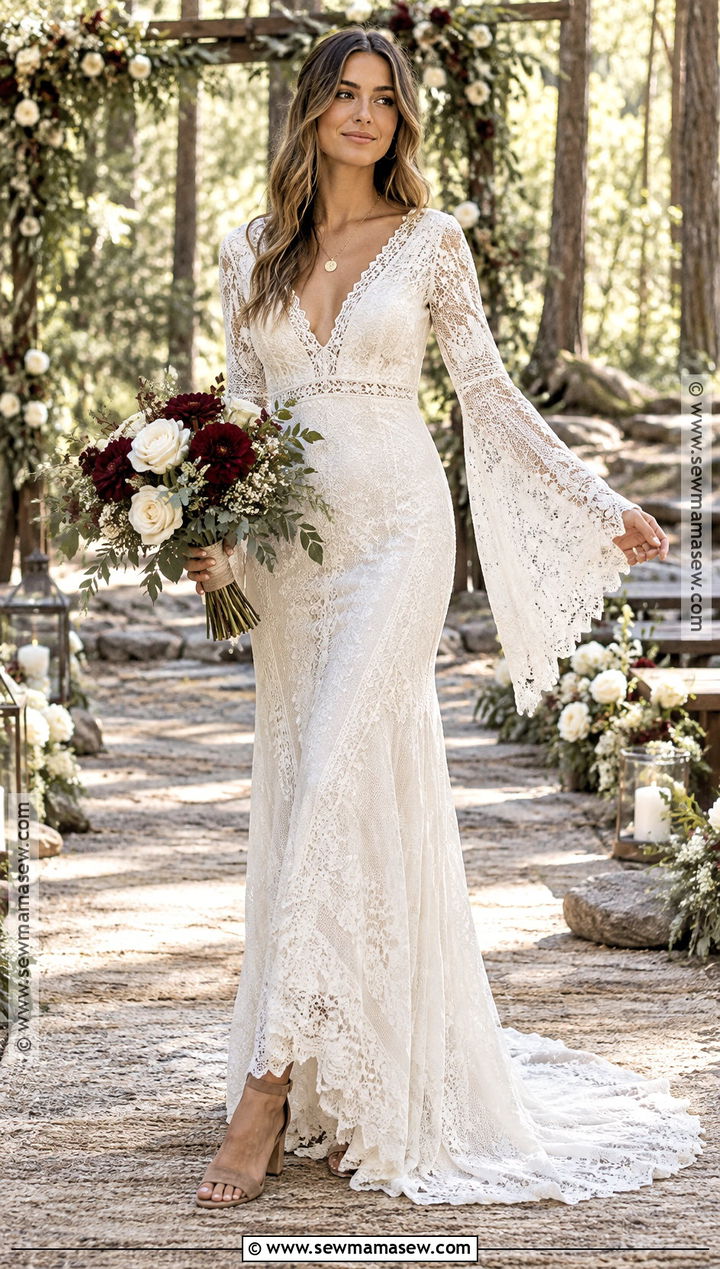Crochet Lace Bell Sleeve Boho Wedding Dress - 15 boho fall wedding dress long sleeve ideas