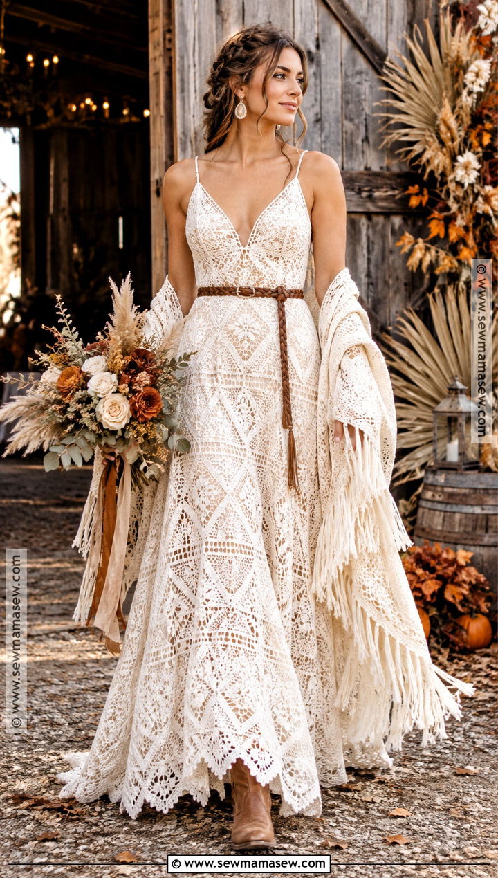Crochet Lace Boho Wedding Dress - 15 fall boho wedding dress ideas