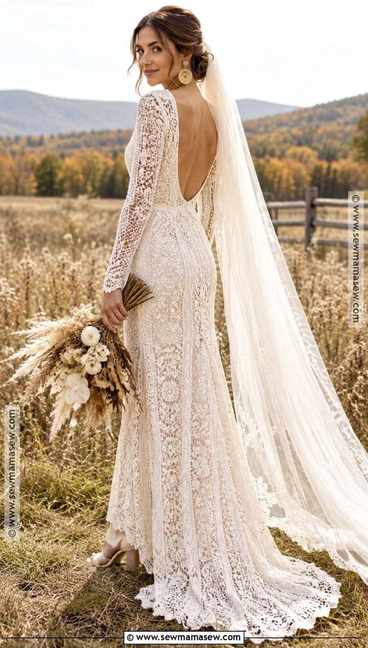 Crochet Lace Boho Wedding Dress - 20 boho fall wedding dress ideas