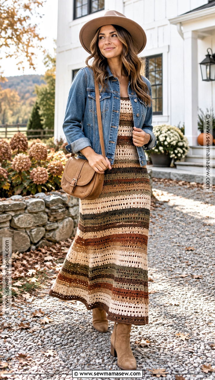 Crochet Maxi Dress With Denim Jacket - 20 autumn crochet clothes