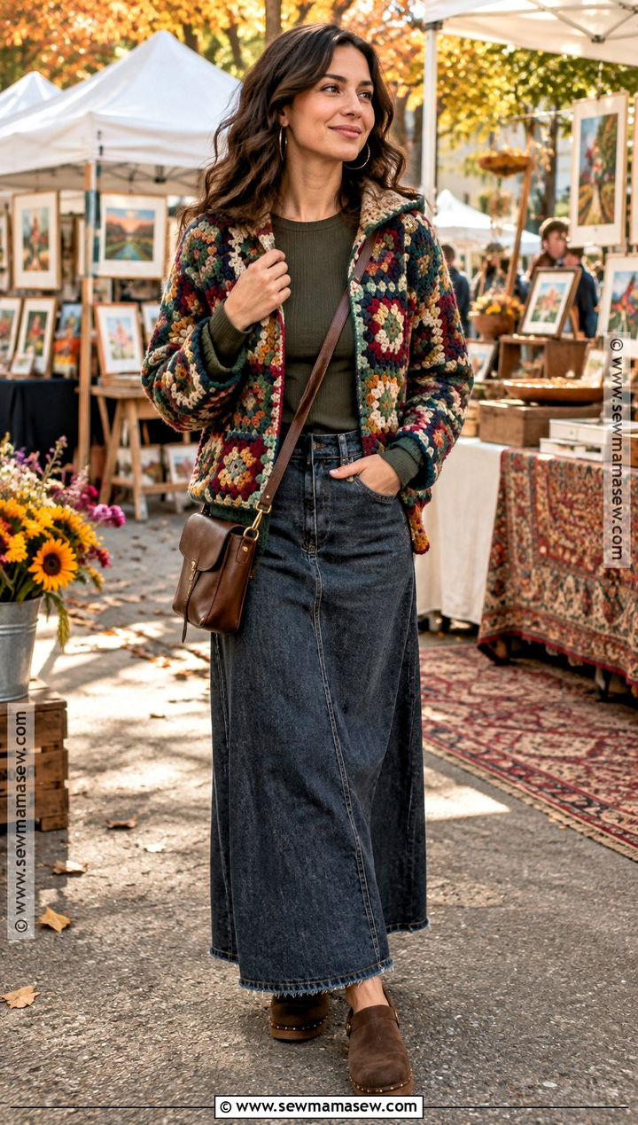 Crochet Patchwork Hoodie With Denim Maxi Skirt - 20 Fall Patchwork Hoodie Ideas