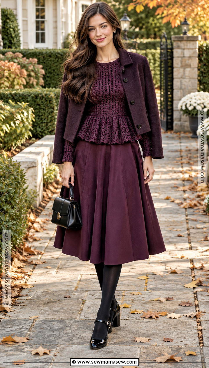 Crochet Peplum Top And A Line Skirt Set With Mary Janes - 15 Autumn Crochet Clothing Set Ideas
