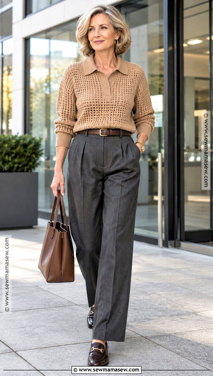 Crochet Polo Sweater With Pleated Trousers - 15 Autumn Crochet Sweater Ideas