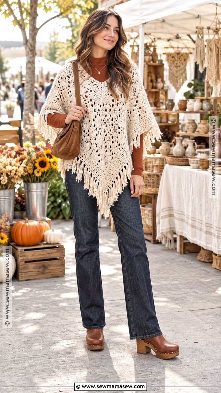 Crochet Poncho With Dark Jeans And Clogs - 20 fall poncho ideas