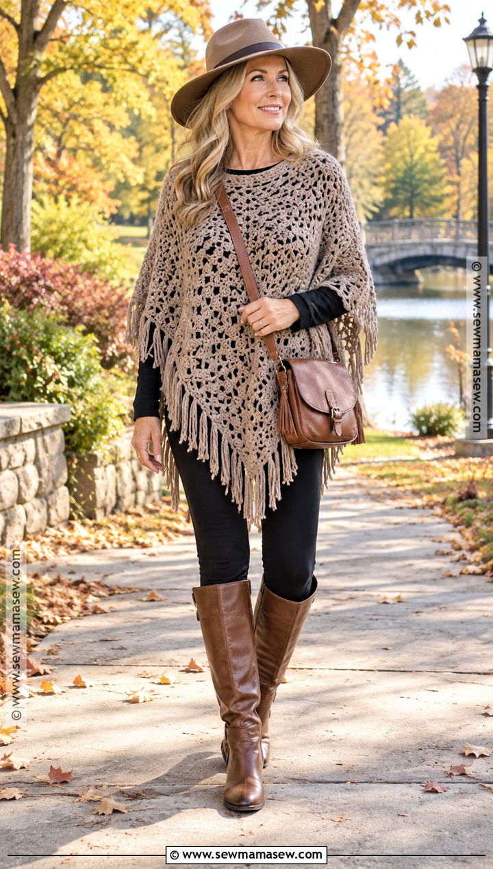 Crochet Poncho With Leggings And Riding Boots - 15 Fall Crochet Outfit Ideas