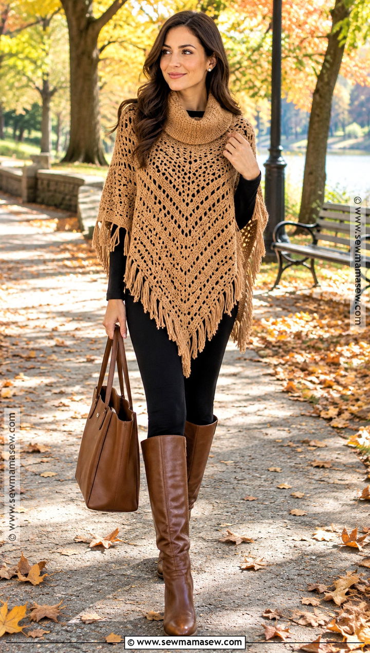 Crochet Poncho With Leggings And Tall Boots - 15 Fall Crochet Fashion Ideas