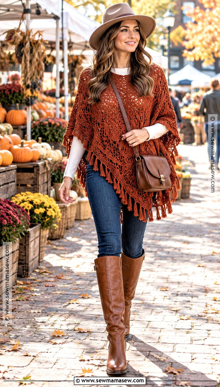 Crochet Poncho With Skinny Jeans And Riding Boots - 15 Autumn Crochet Outfit Ideas