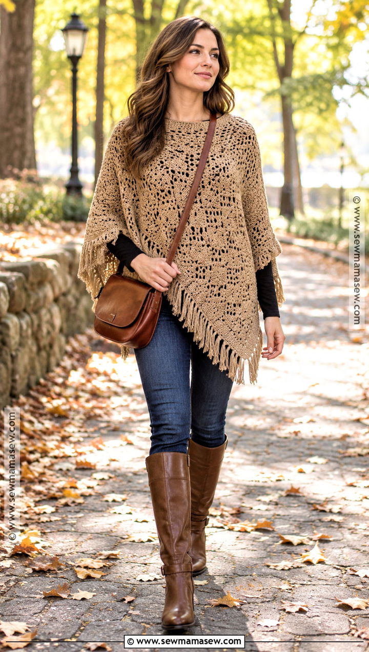 Crochet Poncho With Slim Jeans - 20 autumn crochet clothes