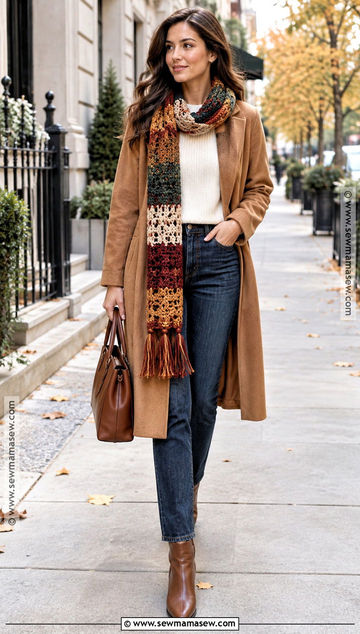 Crochet Scarf With Wool Coat And Jeans - 15 Fall Crochet Fashion Ideas