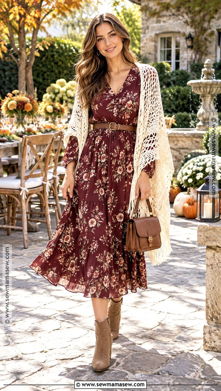 Crochet Shawl With A Floral Midi Dress - 20 shawl outfit fall ideas