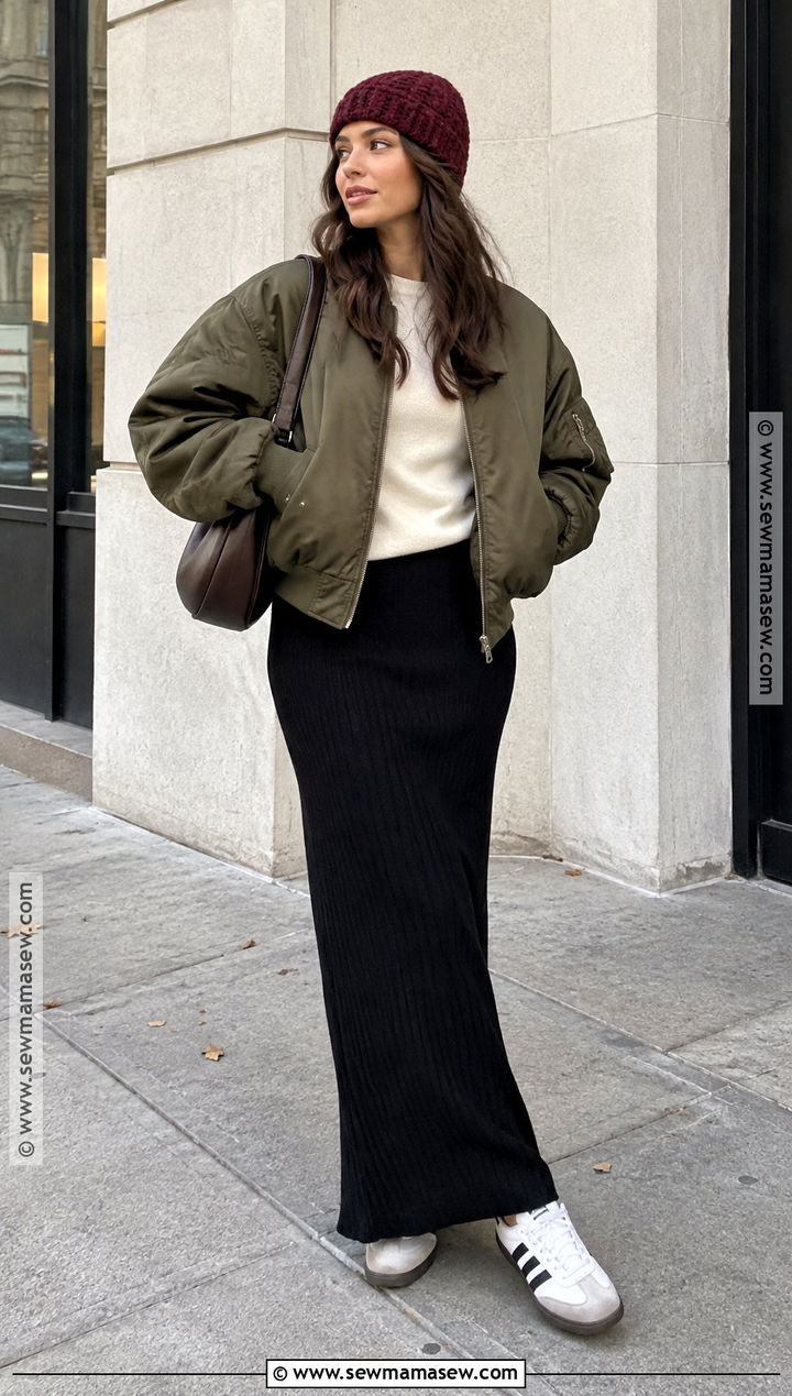Crochet Skull Cap With Bomber Jacket And Column Skirt - 15 Fall Fashion Hat Ideas