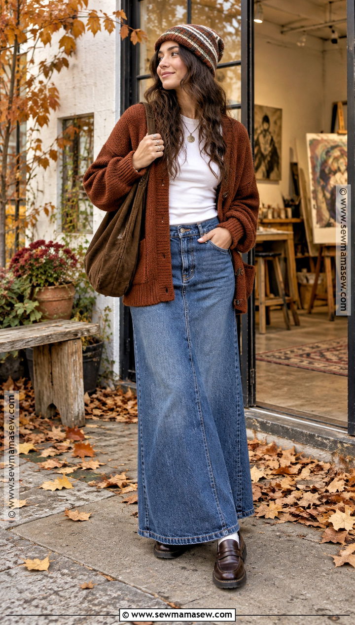Crochet Skullcap With Cardigan and Maxi Skirt - 20 fall hat ideas