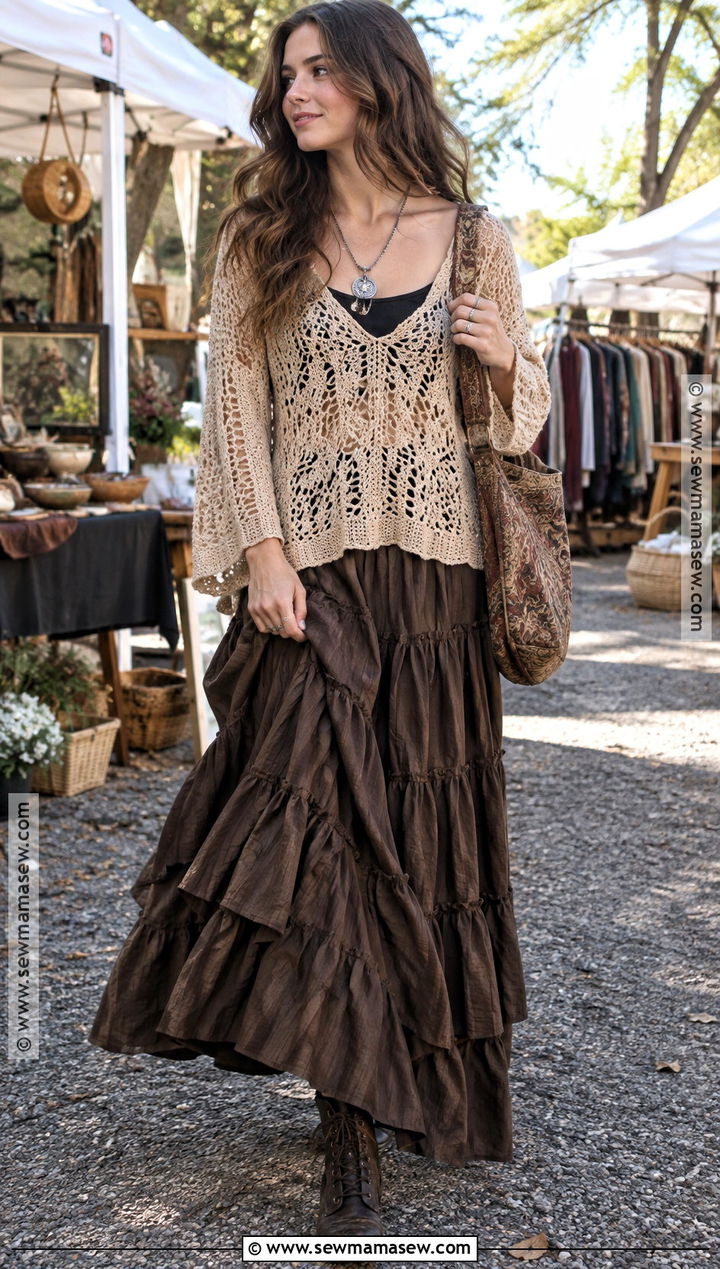 Crochet Sweater and Tiered Skirt Whimsigoth Fall Outfit - 25 whimsigoth fall outfits