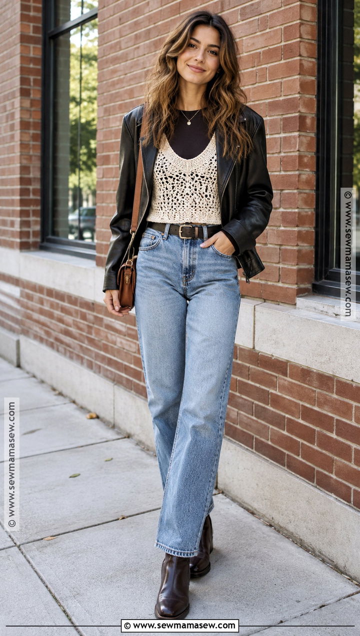 Crochet Tank With Leather Jacket And Jeans - 15 Fall Crochet Fashion Ideas