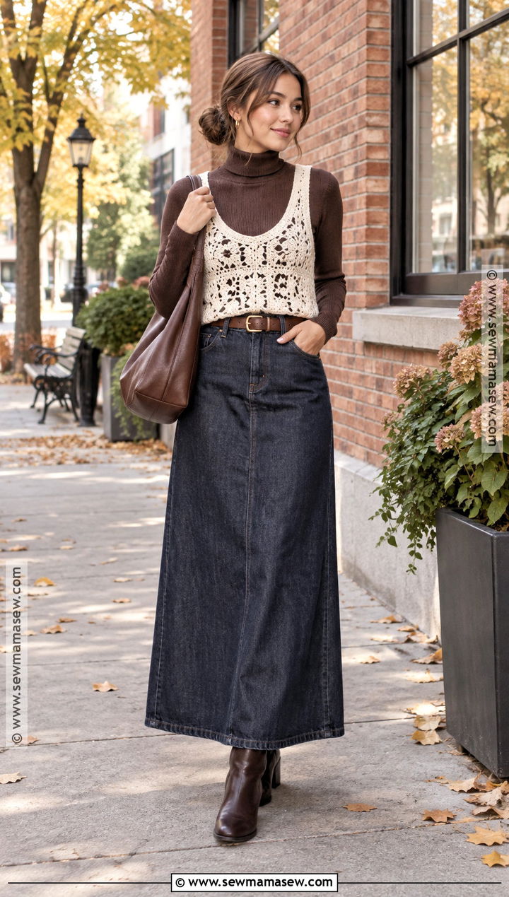 Crochet Tank With Turtleneck And Maxi Skirt - 15 Fall Crochet Outfit Ideas
