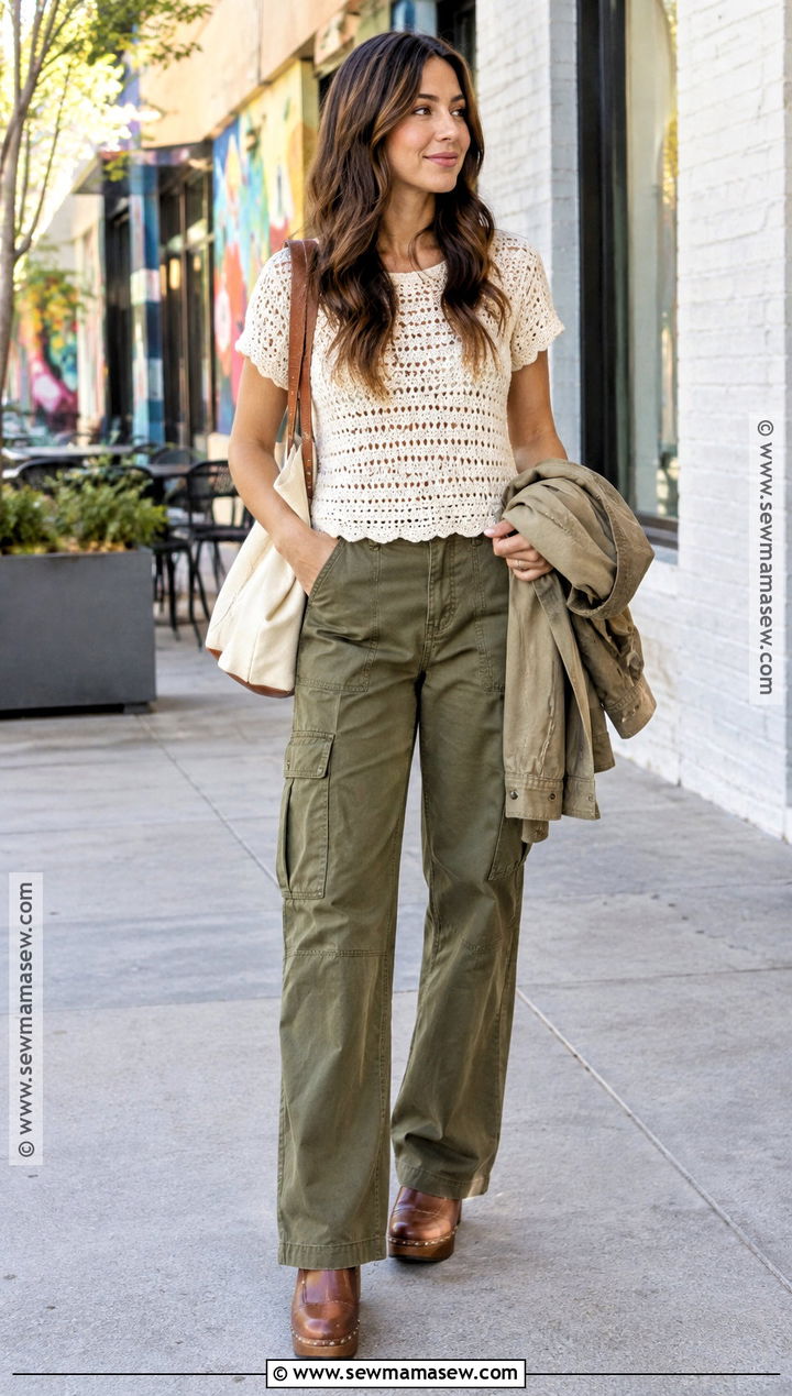 Crochet Top And Cargo Pants Summer Fall Outfit - 20 Summer Fall Outfit Ideas